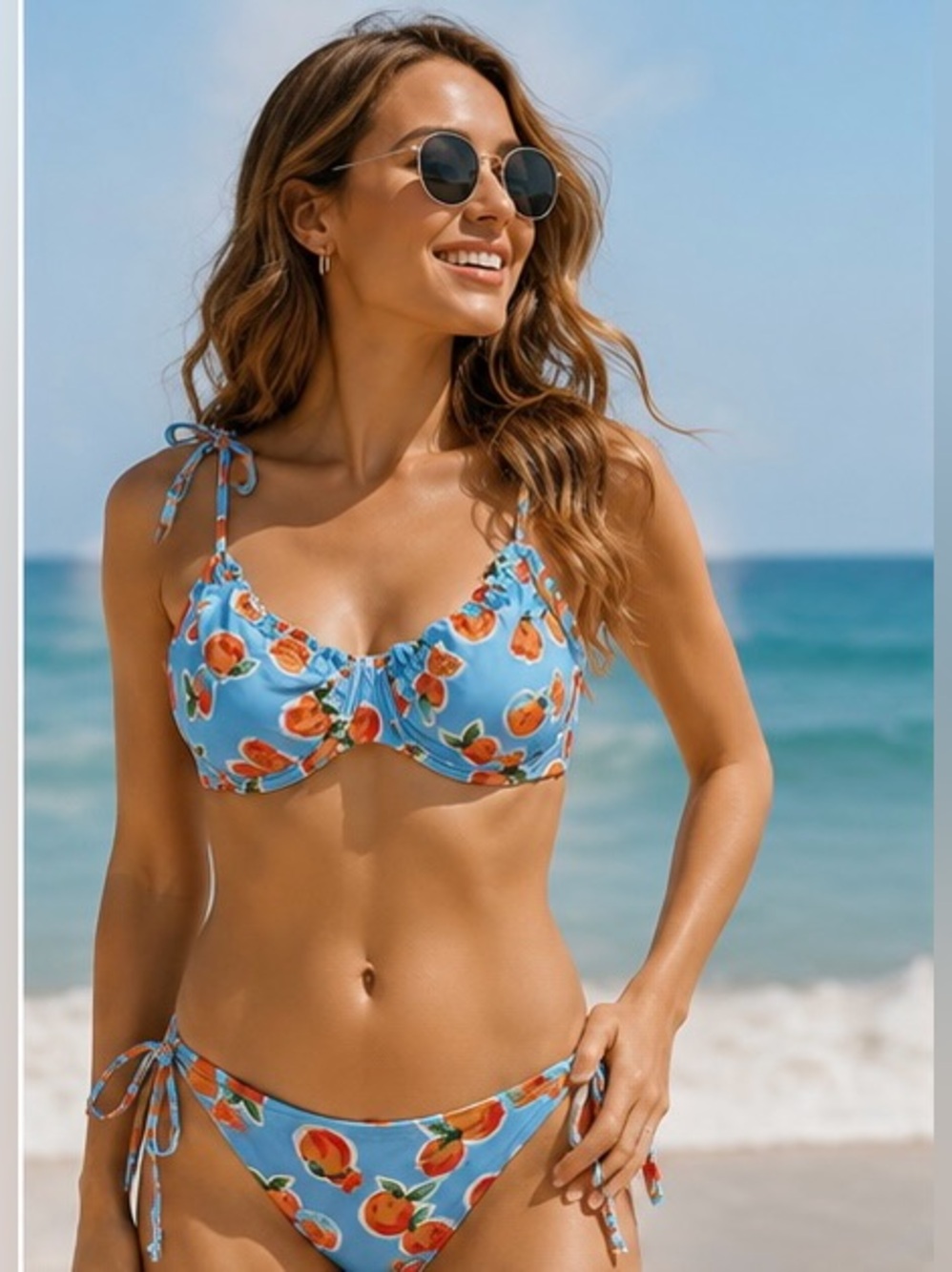 Wild Fable Peach Print Bikini Set Women’s Large 12-14 Blue Underwire Tie Side